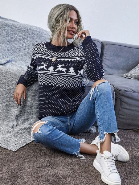 christmas round neck sweater x1ki#, White;black 
christmas round neck sweater x1ki#, White;black