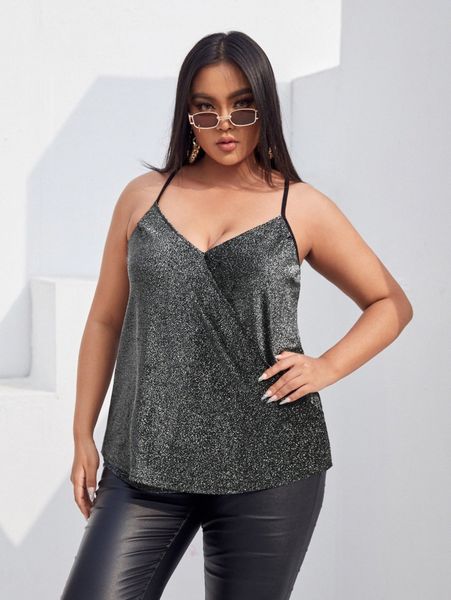 plus overlap collar glitter cami 27rd#, Black