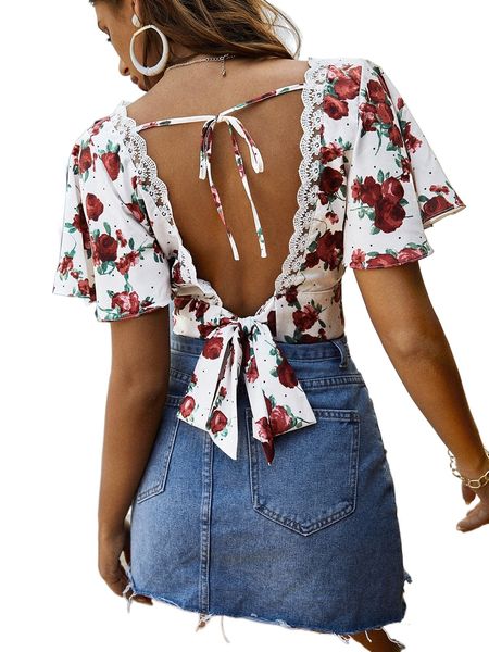 floral print tie back lace trim blouse x66l#, White 
floral print tie back lace trim blouse x66l#, White