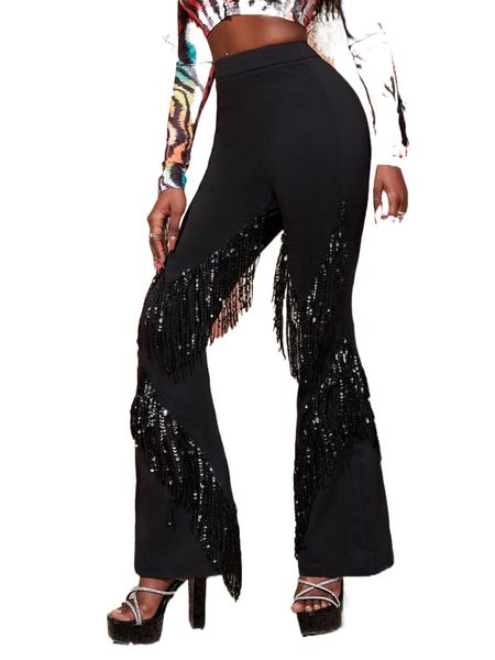 sxy high waist contrast sequin fringe trim flare leg pants x439#, Black;white