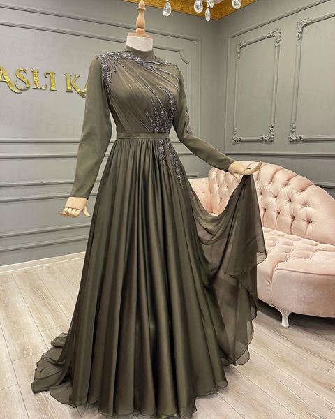 

dusty green dubai arabic muslim formal dress high neck a-line beaded chiffon evening dresses for women 2022 abiye gece elbisesi, Black;red