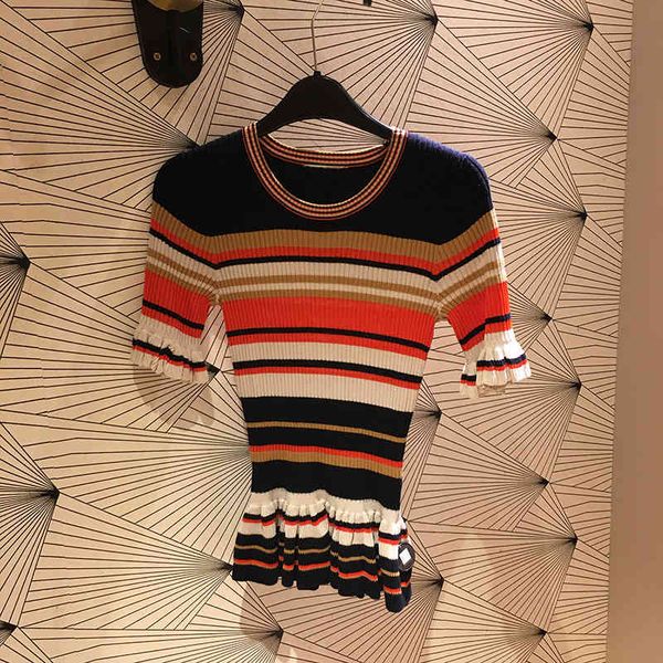 women's sweaters spring and summer simple stripe ruffle sleeve round neck knitted sweater women's s 309e, White;black
women's sweaters spring and summer simple stripe ruffle sleeve round neck knitted sweater women's s 309e, White;black