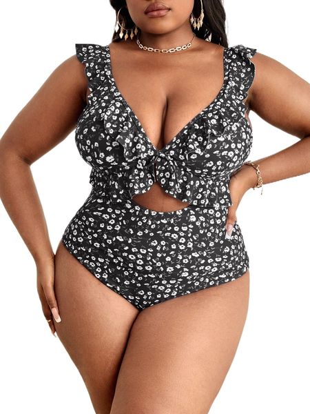 plus ditsy floral print ruffle trim cut out knot front one piece swimsuit b1oj#, White;black
plus ditsy floral print ruffle trim cut out knot front one piece swimsuit b1oj#, White;black