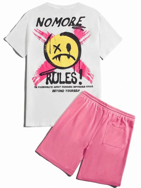 men slogan & expression print tee & drawstring waist shorts d7qk#, Gray 
men slogan & expression print tee & drawstring waist shorts d7qk#, Gray
