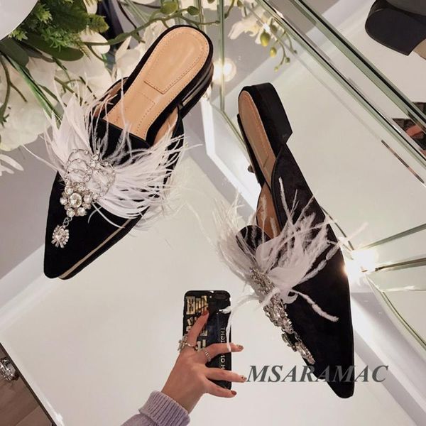 slippers summer black velvet crystal feather pointed toe leather lining women's outer flat party shoes
slippers summer black velvet crystal feather pointed toe leather lining women's outer flat party shoes