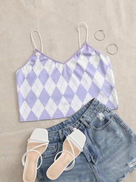 plus argyle print cami crop v6bw#, Black