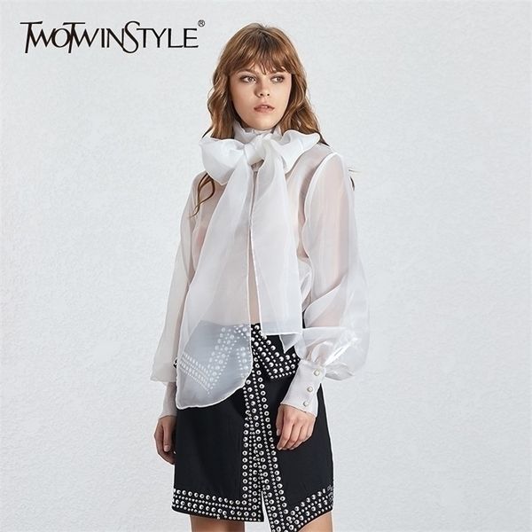 twotwinstyle summer casual mesh perspective thin women shirt lace up bow collar long sleeve loose slim button female 210326, White
twotwinstyle summer casual mesh perspective thin women shirt lace up bow collar long sleeve loose slim button female 210326, White