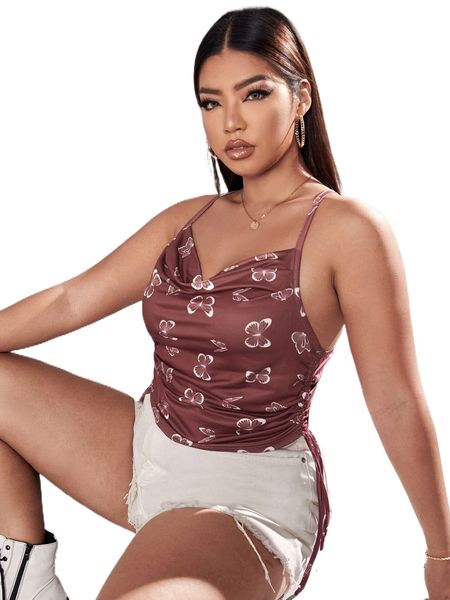 plus butterfly print criss cross cowl neck drawstring side cami 90ep#, Black
