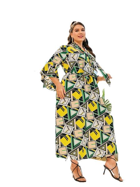 plus geo print tie neck trumpet sleeve dress t5w8#, Black 
plus geo print tie neck trumpet sleeve dress t5w8#, Black
