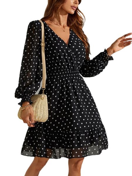 polka dot print shirred waist ruffle hem dress 302a#, Black;gray
polka dot print shirred waist ruffle hem dress 302a#, Black;gray