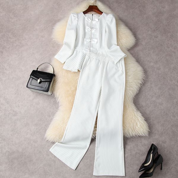 european and american women's wear spring 2022 new long sleeve embroidered bow shirt striped wide-leg pants fashion suits, White
european and american women's wear spring 2022 new long sleeve embroidered bow shirt striped wide-leg pants fashion suits, White