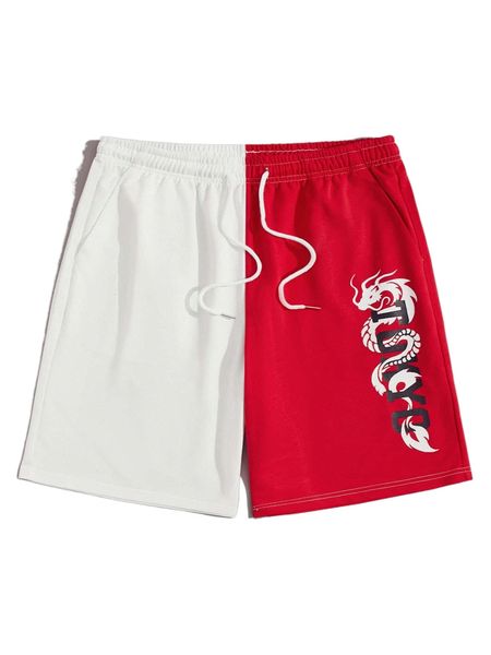 romwe guys two tone dragon print drawstring shorts w19q#, White;black