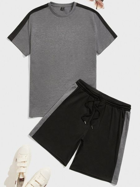 men contrast sideseam & track shorts set b9d8#, Gray
men contrast sideseam & track shorts set b9d8#, Gray
