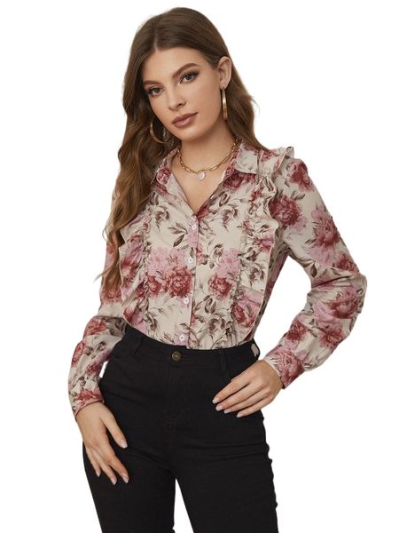 floral print ruffle trim button front blouse b2p1#, White
floral print ruffle trim button front blouse b2p1#, White