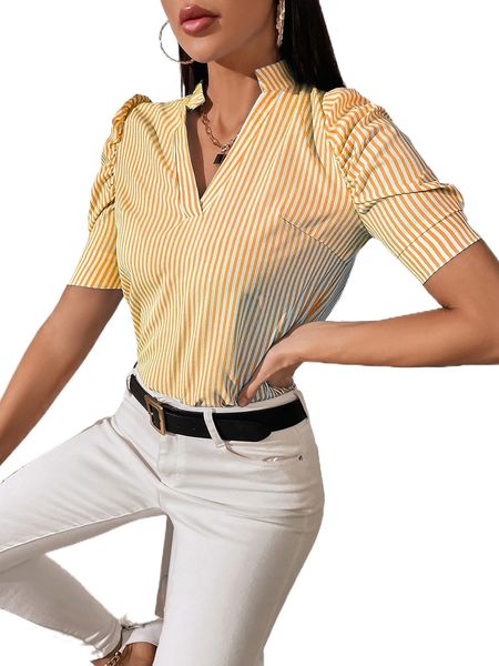 notch neck puff sleeve striped f9gj#, White