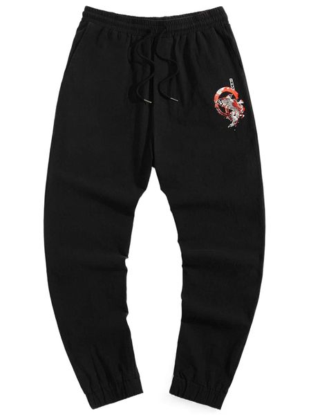 men japanese letter & fish print drawstring waist tapered pants s9d4#, Black