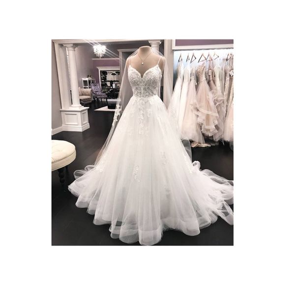 2022 vintage spaghetti straps lace a line wedding dresses tulle applique court train garden wedding bridal gowns, White
2022 vintage spaghetti straps lace a line wedding dresses tulle applique court train garden wedding bridal gowns, White