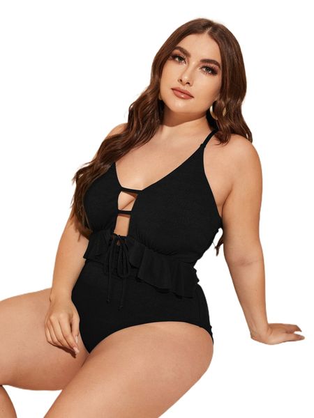 plus tie front ruffle trim one piece swimsuit l2dd#, White;black 
plus tie front ruffle trim one piece swimsuit l2dd#, White;black