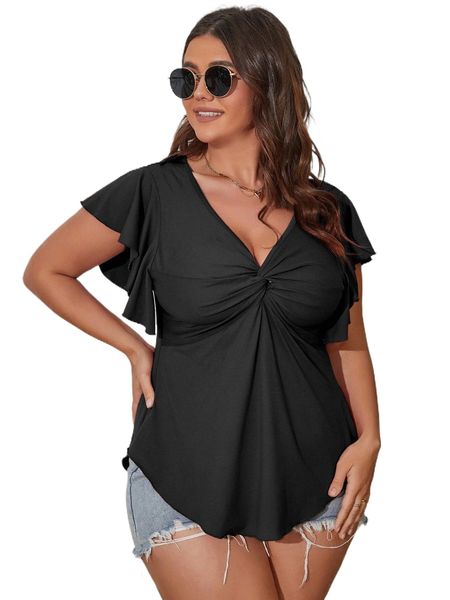 plus twist front butterfly sleeve tee n7kp#, Black 
plus twist front butterfly sleeve tee n7kp#, Black