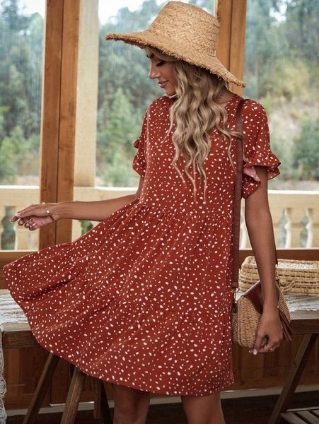 dalmatian print flounce sleeve ruffle hem dress y5pu#, Black;gray 
dalmatian print flounce sleeve ruffle hem dress y5pu#, Black;gray