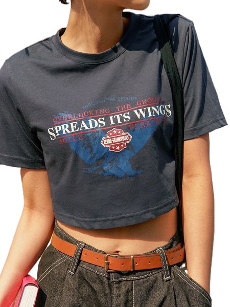dazy letter & eagle print crop tee k2o5#, White 
dazy letter & eagle print crop tee k2o5#, White