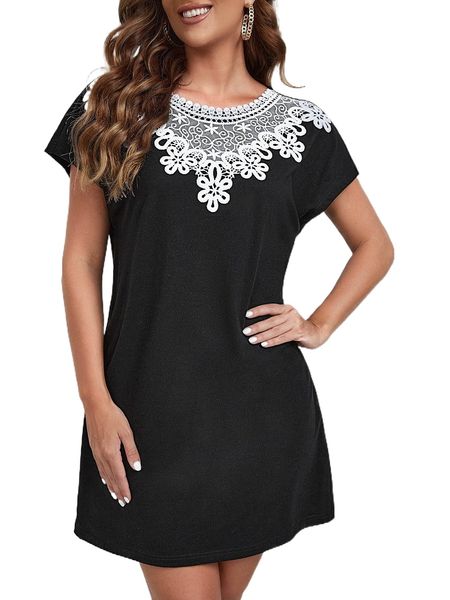 guipure lace yoke batwing sleeve dress 930b#, Black;gray
guipure lace yoke batwing sleeve dress 930b#, Black;gray