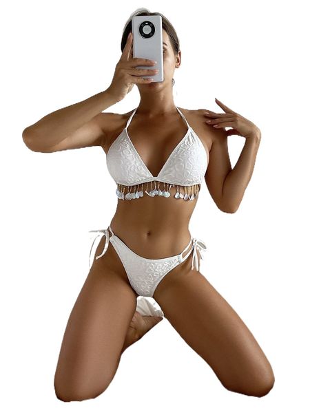 textured sequin decor halter triangle tie side bikini swimsuit t054#, White;black 
textured sequin decor halter triangle tie side bikini swimsuit t054#, White;black