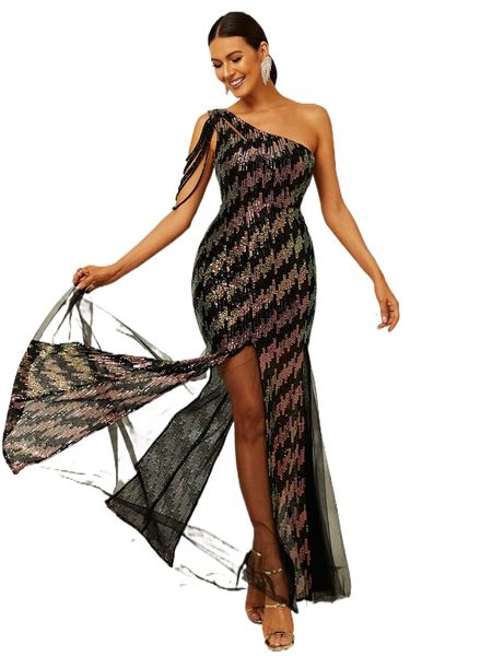 missord one shoulder bead detail split thigh sequin formal dress l7se#, Black;gray
missord one shoulder bead detail split thigh sequin formal dress l7se#, Black;gray