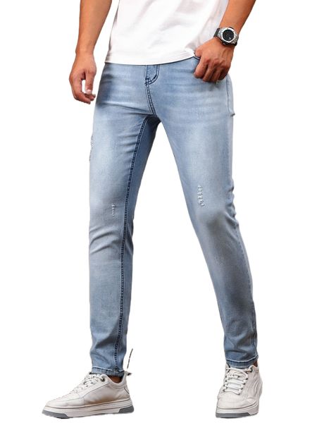 men ripped frayed light wash skinny jeans b6hk#, Blue 
men ripped frayed light wash skinny jeans b6hk#, Blue