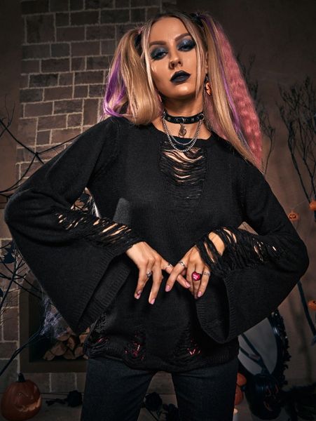 ripped flounce sleeve cut out sweater 959h#, White;black
ripped flounce sleeve cut out sweater 959h#, White;black