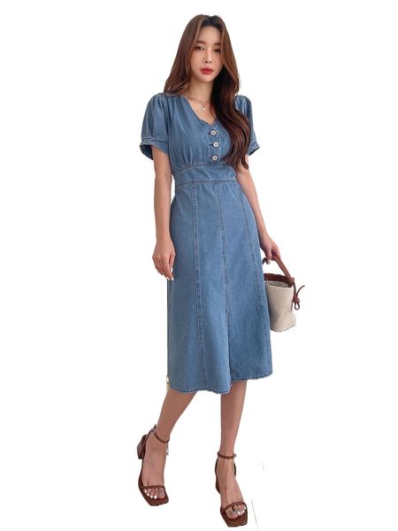 dazy puff sleeve split hem denim dress q3be#, Black;gray
dazy puff sleeve split hem denim dress q3be#, Black;gray