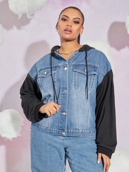 plus colorblock drop shoulder drawstring hooded denim jacket b0ue#, Black;brown 
plus colorblock drop shoulder drawstring hooded denim jacket b0ue#, Black;brown