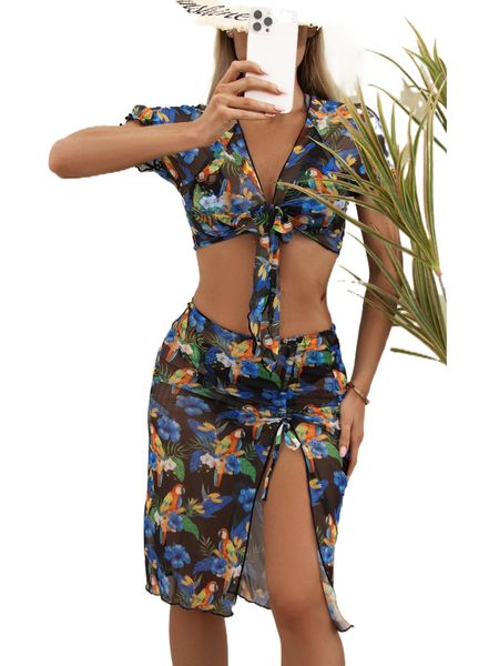 4pack floral print halter bikini swimsuit & cover up with skirt set i8re#, White;black 
4pack floral print halter bikini swimsuit & cover up with skirt set i8re#, White;black