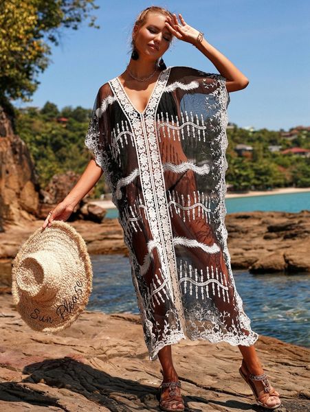 embroidery sheer cover up 71bo#, White;black
