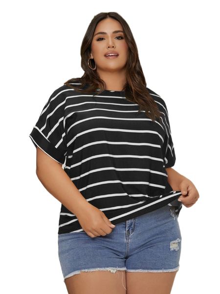 plus striped batwing sleeve blouse v3h1#, Black