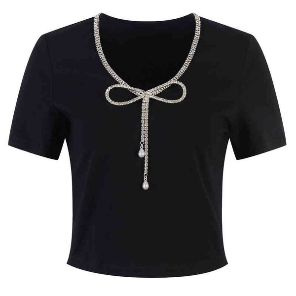 women's t-shirt summer bowknot chain careful machine v-neck slim aging black temperament short sleeved 1j0p, White
women's t-shirt summer bowknot chain careful machine v-neck slim aging black temperament short sleeved 1j0p, White