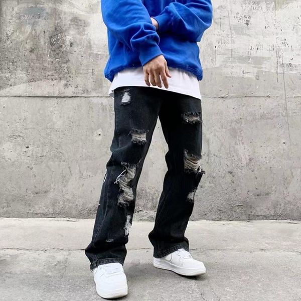 men's jeans european and american high street letters embroidery oversized on the back of men's loose straight-leg ripped trousers, Blue
men's jeans european and american high street letters embroidery oversized on the back of men's loose straight-leg ripped trousers, Blue