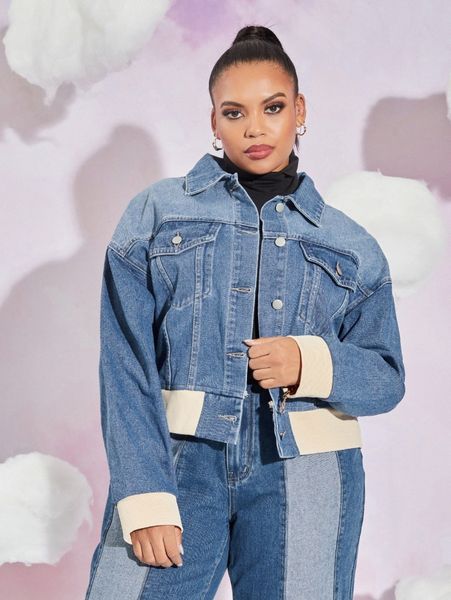 plus colorblock drop shoulder denim jacket b9cm#, Black;brown 
plus colorblock drop shoulder denim jacket b9cm#, Black;brown
