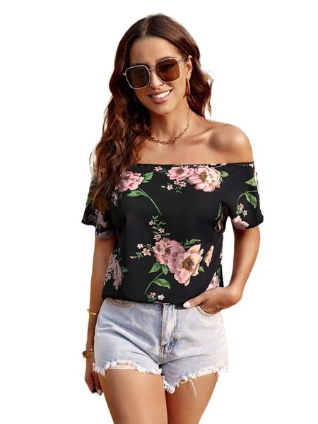 floral print off shoulder lace up back blouse j6z9#, White