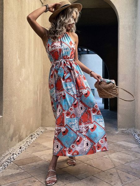 floral scarf print belted halter dress 92pn#, Black;gray 
floral scarf print belted halter dress 92pn#, Black;gray