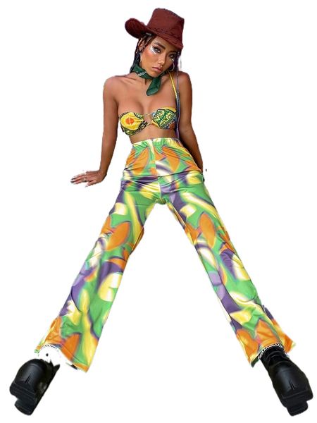 allover print straight leg pants l2ew#, Black;white