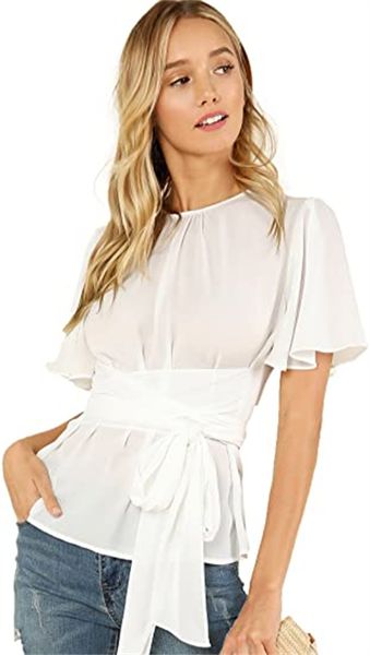 women's & tees casual chiffon blouse with short sleeves and self-lacing waist, White
women's & tees casual chiffon blouse with short sleeves and self-lacing waist, White