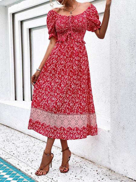 allover floral print puff sleeve knot front frill trim shirred dress 92vv#, Black;gray
allover floral print puff sleeve knot front frill trim shirred dress 92vv#, Black;gray