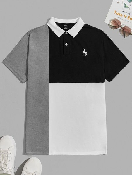 men colorblock unicorn embroidery polo shirt b0ac#, White;black 
men colorblock unicorn embroidery polo shirt b0ac#, White;black