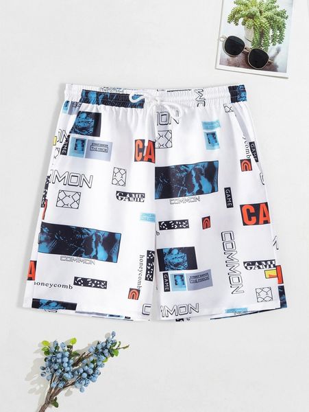 men random letter graphic drawstring waist shorts a54v#, White;black
