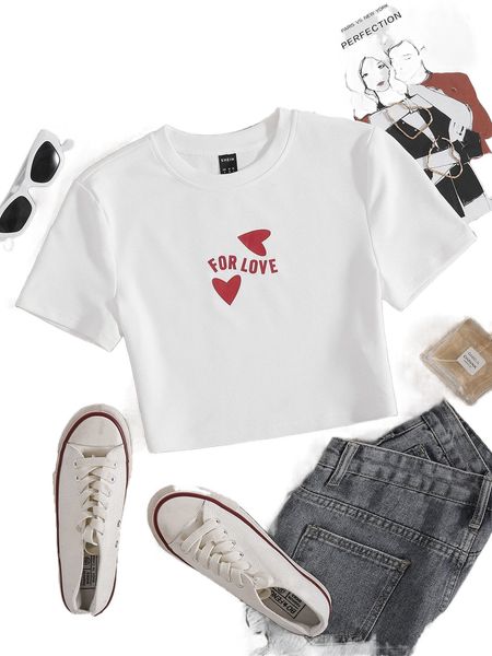 letter & heart print crop tee g10p#, White
letter & heart print crop tee g10p#, White