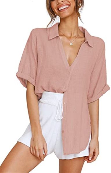 women's short sleeve button-up shirt cotton and linen collar v-neck shirt business casual, White
women's short sleeve button-up shirt cotton and linen collar v-neck shirt business casual, White