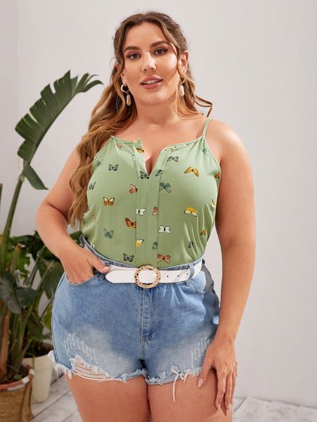 plus butterfly print seam detail cami l5j0#, Black