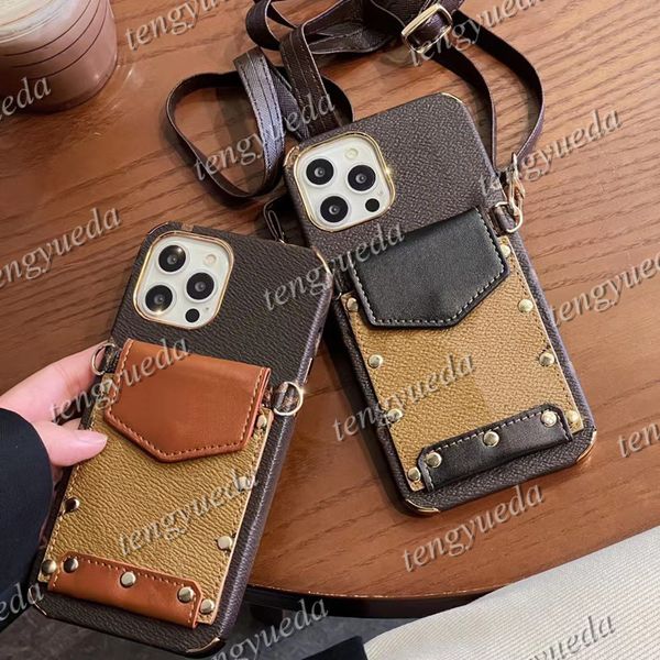 

Fashion Designer Phone Cases for iPhone 15 15pro 14 14pro 14plus 13 13pro 12 12pro 11 pro max Leather Card Holder Luxury Cellphone Case Cover with Lanyard, L1-black