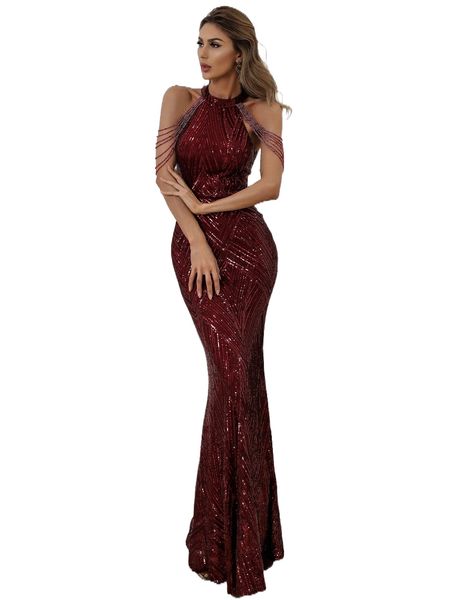 missord halter neck sequin mermaid prom dress 48sv#, Black;gray
